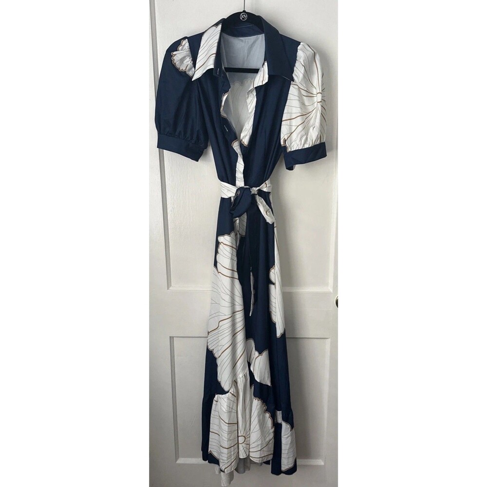 New Floral Maxi Dress Button Front Puff Sleeve Women's Large Collared Belted